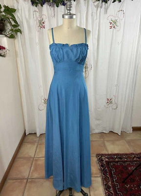 Vestido de noite longo vintage anos 40 azul tafetá lingerie corpete alça espaguete ruching 4 - Imagem 1 de 4