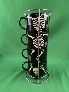Halloween Skeletons Set of Four 14 Oz Stacking Coffee Mugs Black Hat Society - Picture 1 of 12