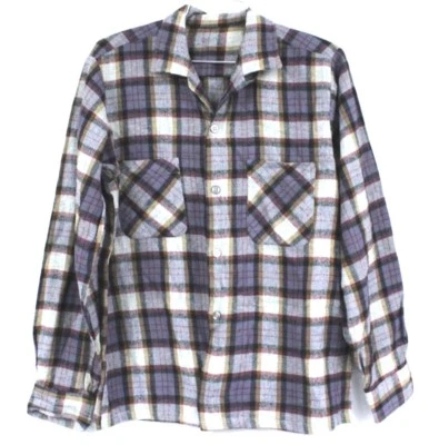 Camisa De Colección Años 50 Lana Sombra Cuadros Cuello Lazo Gris Multi L Rockabilly Foto 1 de 4