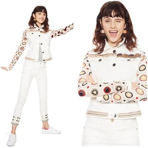 Chaqueta Denim Disigual Jeans Granny Manga Crochet Blanca Multi Talla M EU 40 - Imagen 1 de 15