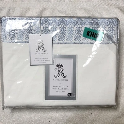 Комплект королевского пододеяльника Rachel Ashwell из 100% хлопка с наволочками постельное белье 2 тона синяя кружевная отделка - Изображение 1 из 4