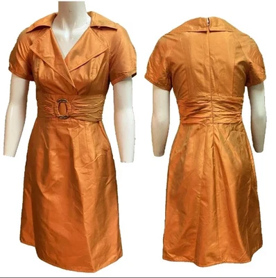 Vestido Kay Unger Seda Tafetán Cinturón Manga Corta Calce y Acampanado en Naranja Quemado 6 Foto 1 de 4