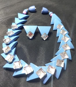 Vtg ZE CO MILANO Blue Lucite Set Neclace Earrings Geometric Triangles Modernist - Picture 1 of 7
