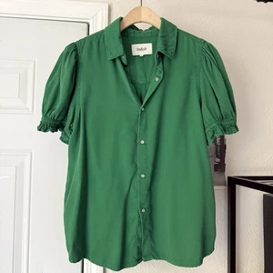 BA&SH Kelly grün Baumwolle Perlen Druckknopfleiste kurze Puffärmel kastig Hemd Top - Bild 1 von 7