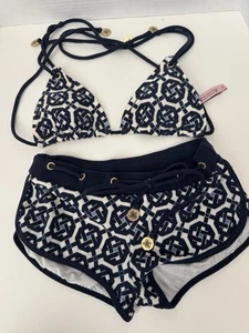 Vtg Juicy Y2k 90’s Small Bikini Couture Terry Cloth Blue White Pattern Boy Short - Picture 1 of 8