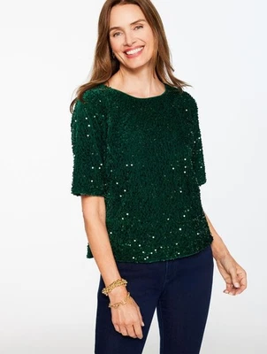 Blusa de veludo com lantejoulas na Talbots. Novo com etiquetas $139, cor VERDE, tem todos os tamanhos - Imagem 1 de 4