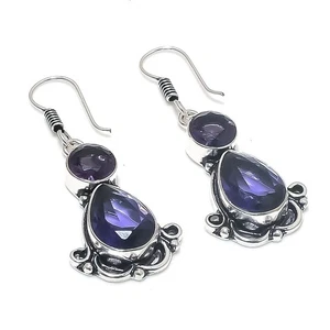 Purple Amethyst Gemstone Handmade 925 Sterling Silver Jewelry Earring Size 2" - Picture 1 of 1