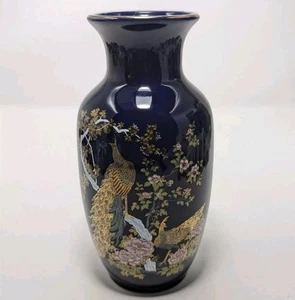 Japanische Vintage Vase Kobaltblau Gold Bemalt Pfau Floral Asiatische Keramik 6"H - Bild 1 von 11