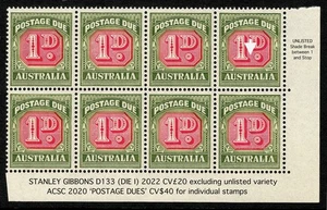 AUSTRALIA POSTAGE-DUE BLOCK-OF-8 1958-1960 1d CARMINE NO WMK SG D133 DIE I CV£20 - Picture 1 of 8