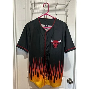 VINTAGE Chicago Bulls NBA Shirt Adult Med Black Orange Flames Mens - Picture 1 of 5