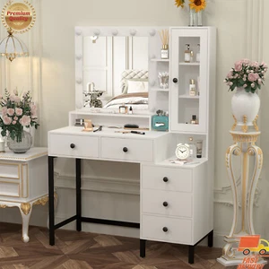 Dressing Table With 11 LED Lights and Mirror Vanity Desk 5 Drawers Makeup Table - Picture 1 of 12