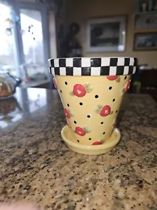 Vintage Mary Engelbreit Ceramic Flower Pot W Saucer Yellow Red Roses - Picture 1 of 7