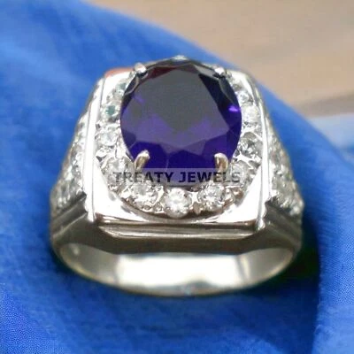 Piedra preciosa de zafiro azul de corte ovalado con anillo de plata de ley 925 para hombre #325 * Foto 1 de 4