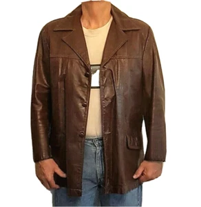 Excelled Brown Leather Jacket VTG siz 44 Button Over Coat zip out faux fur liner - Picture 1 of 12