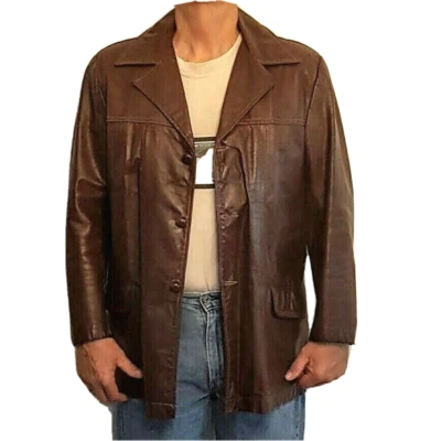 Excelled Brown Leather Jacket VTG siz 44 Button Over Coat zip out faux fur liner - Image 1 of 4