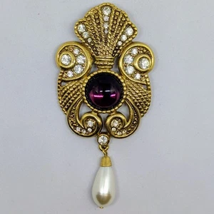 Signed JEFF LIEB Vintage Brooch Pin Glass Rhinestones Cabochon Faux Pearl - Picture 1 of 7