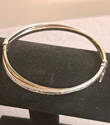 925 Sterling Silver & 1/20 14k Gold Cross Over Hinged Bangle Bracelet  - Image 1 of 4