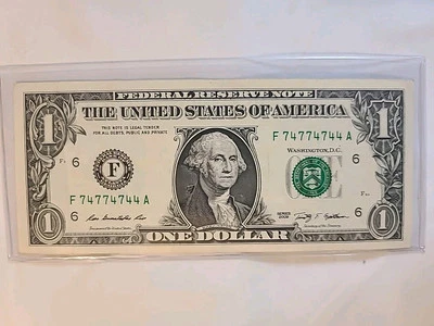 2009 - $1 One Dollar Bill - Fancy Serial Binary/repeater Note - F747774744A - Image 1 of 4