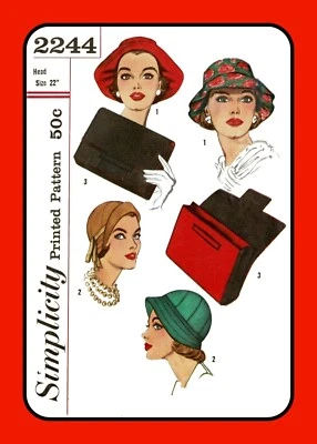 Misses HAT Pattern 2244 CLOCHE Bucket CLUTCH Purse Cap Vintage 1957 Size 22" - Image 1 of 4