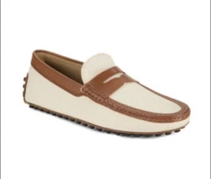 Mocasines Tod's Two Tone Driving Penny para hombre 9 lona cuero marrón sin cordones Italia - Imagen 1 de 9