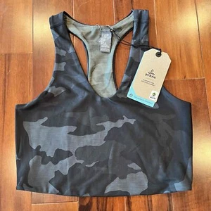 New NWT Prana Momento Crop Top Black Camo Print Racerback Sports Bra Size Small - Picture 1 of 7