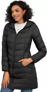 Women Lightweight Down Puffer Coat, Women Hooded Mid-Length Packable Size M - Picture 1 of 6