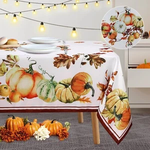 Thanksgiving Tablecloth Pumpkin Printed Fabric with Maple Leaf Fall for Dinner - Picture 1 of 6
