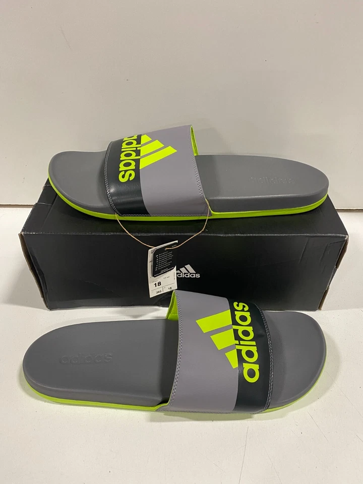 Adidas Adilette Comfort Slides Men's Size 18 Grey w Green Logo & Spellout GV9715