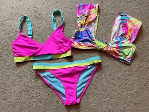 Lot 3 Juniors Mix & Match Neon Fluorescent Pink Bikini Swimsuit Pieces M 7/9 - Picture 1 of 7