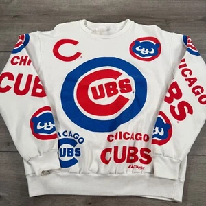 Vintage 90s Chicago Cubs Crewneck Sweatshirt AOP Big Print Majestic - Picture 1 of 6