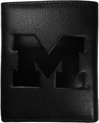 MICHIGAN WOLVERINES MENS LEATHER TRIFOLD WALLET EMBOSSED LOGO Cover
