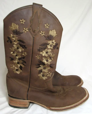 Norteno 棕色花卉刺绣皮革牛仔靴 10.5 码二手状况完好 — 第 1/4 张图片
