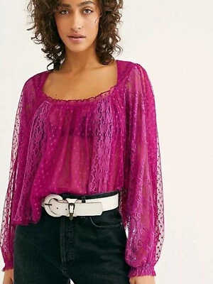 Free People Womens A Little Love Long Sleeve Sheer Lace Top Fuschia XS 6 - 8 - Image 1 of 4