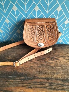 VINTAGE 70's 80's Hand-tooled Leather 'AMY' Handbag Small Saddle Bag Cross Body - Picture 1 of 6