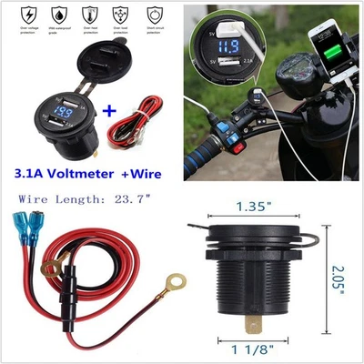 Car Motorcycle 12V 3.1A Dual USB Charger Socket Blue LED Light Voltage Voltmeter - Image 1 of 4