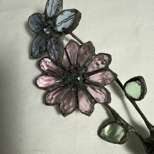 Vintage Glass Old Bottle Art Rhinestone Leaded Glass Flowers Blue Vanity 7" - Picture 1 of 9