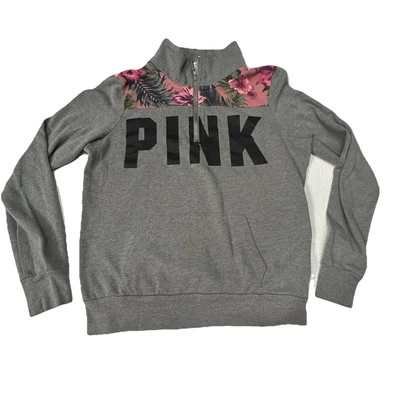 Victoria's Secret ROSA 1/4 Cremallera Hibisco Floral Gris Sudadera Talla XS Preppy Foto 1 de 4