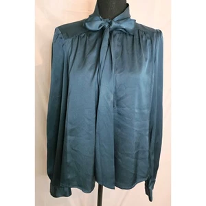 DIANE von FURSTENBERG Blouse Women's Size 8 Forest Blue/Green Bow Tie Silk - Picture 1 of 10