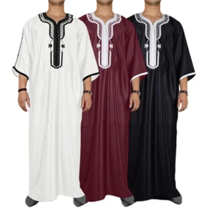 Muslim Men's Robe Short Sleeves Embroidered Arabic Ethnic Style Clothes - Picture 1 of 15
