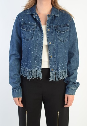 Giacca denim donna Fendi lusso blu cotone strass taglia 44 Made in Italy