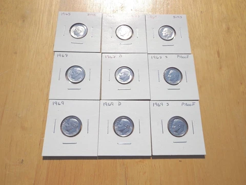 1965 1966 1967 SMS 1968 P D S 1969 P D S Proof Roosevelt Dime 9 Coin Set lot Cover