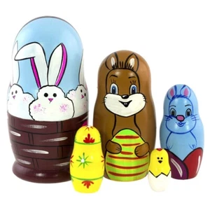 Matriochkas Lapins de Pâques en bois peinte main/ Poupée Gigogne Russe Lapins - Photo 1/3