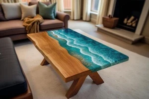 Handcrafted Epoxy Wave Table – Ocean Resin and Wood Coastal Coffee Masterpiece - Picture 1 of 12