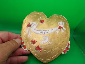 Biglietto San Valentino Vintage 1959 Libro Cuore Oro in rilievo, Cupidi, Rose - Foto 1 di 5