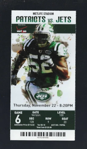 BUTT FUMBLE NEW ENGLAND PATRIOTS @ NEW YORK JETS 2012 FULL NFL FOOTBALL TICKET Cover