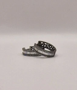 Fancy Hoop Huggie Earrings Baguette CZs Sterling Silver Black Rhodium Plated - Picture 1 of 6