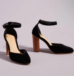Soludos Heels Anthropologie Heels 9.5 Black The Colette Pump Velvet Wooden Block - Imagen 1 de 17