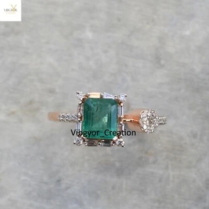 14k Gold VS/SI Brilliant Cut Baguette Pave Diamond Ring Colombian Emerald Ring - Picture 1 of 6