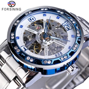 FORSINING Mens Watch Luxury Diamond Stainless Steel Skeleton Mechanical Watches - Picture 1 of 15