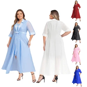 Women Set Sleeveless Evening Wear Lapel Dress Set Floral Lace Plus Size Outfit - Picture 1 of 87